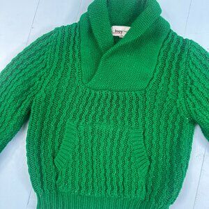 Vintage 1980s Impressions Chunky Knit Shawl Collar Sweater 4T Green Kangaroo Poc
